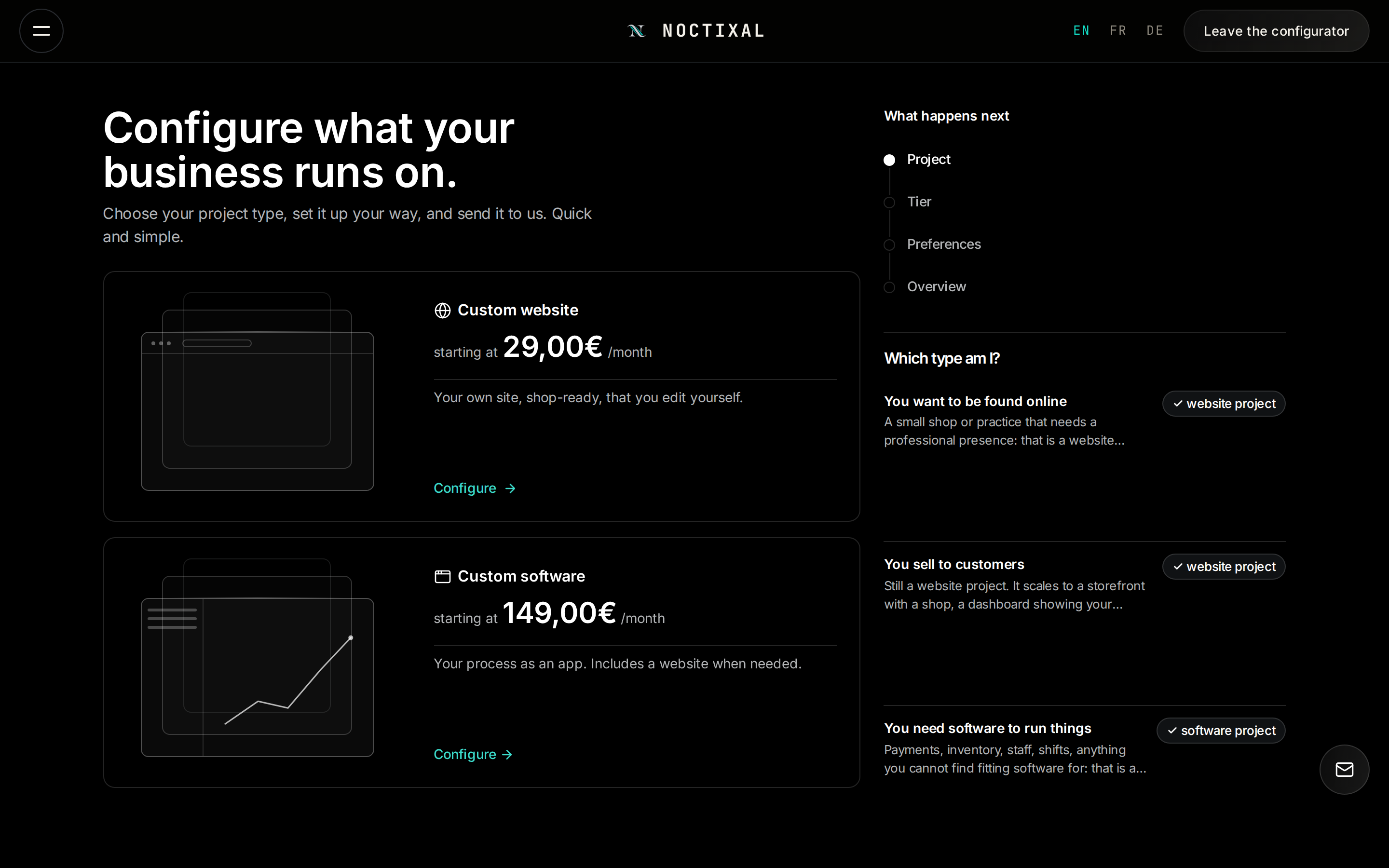 The Noctixal project configurator, shown in a browser